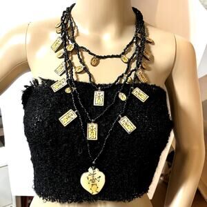 Vintage Black Bead and Skeleton Art Necklace Silver Tone Metal Heart Resin 18"